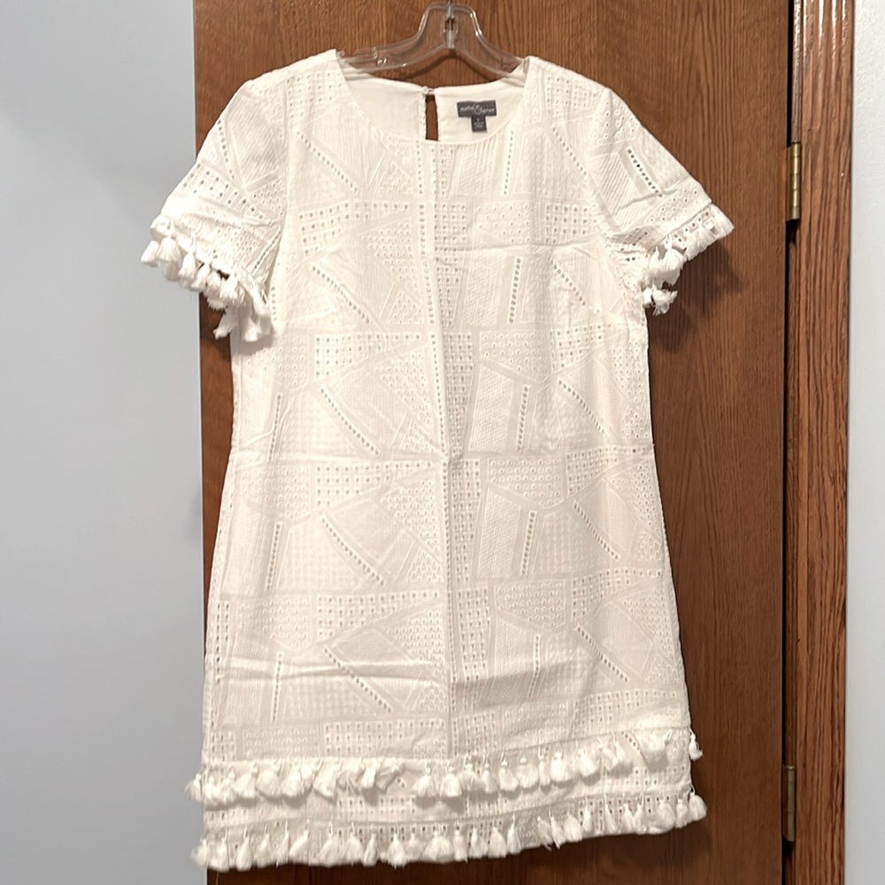 Lined white eyelet dress with tassels